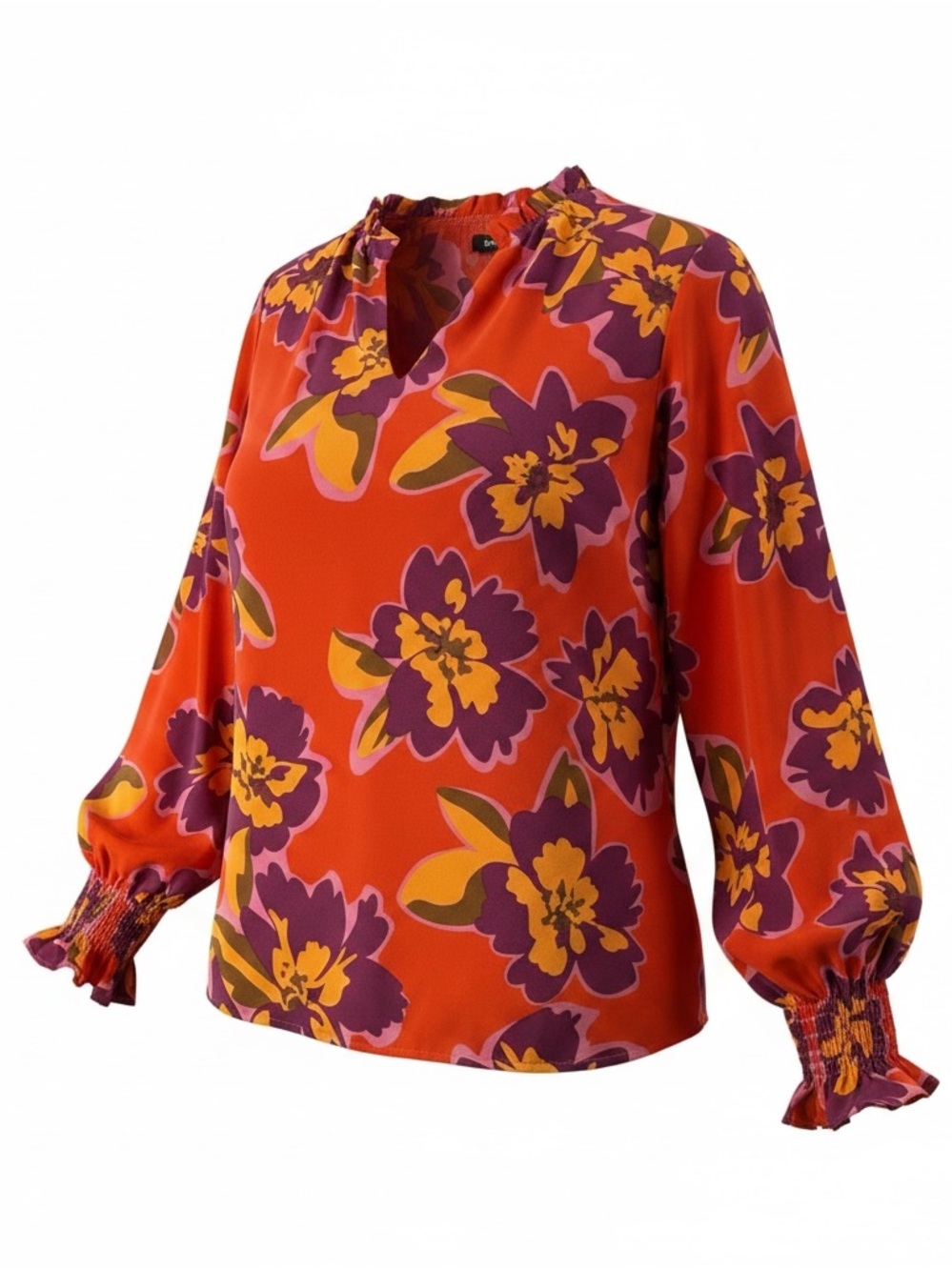 Women's Mascomoda Orange And Purple M Floral V-Neck Long Sleeve Blouse - Picture 1 of 10